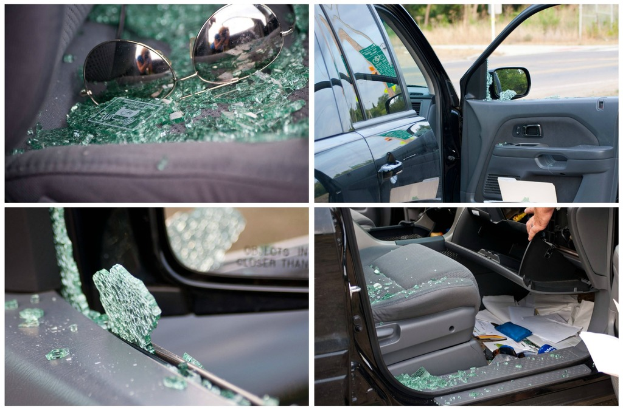 Eine Collage aus vier Bildern: Brillengläser auf gebrochenen Glasscherben, eine Seitansicht eines Autos, ein gebrochenes Autofenster und ein Autositz voller Glasscherben mit verstreuten Papieren.