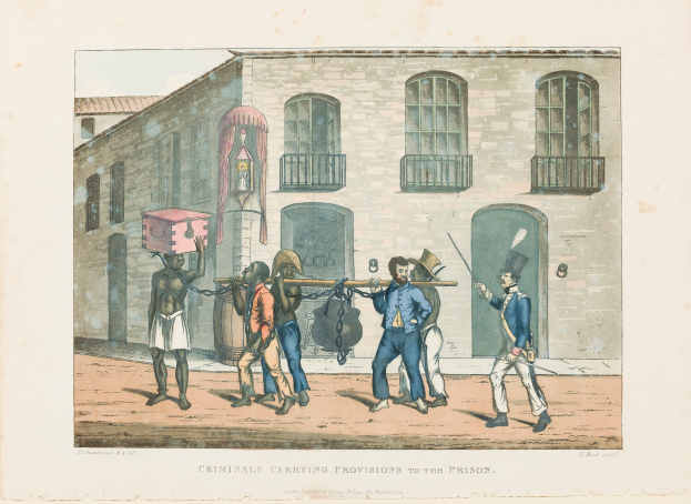 Eine Gruppe von Männern trägt eine Kiste auf dem Kopf vor einem Gebäude mit Fenstern, Geländern und einer Tür; unten steht der Text "Kriminelle tragen Vorräte ins Gefängnis."