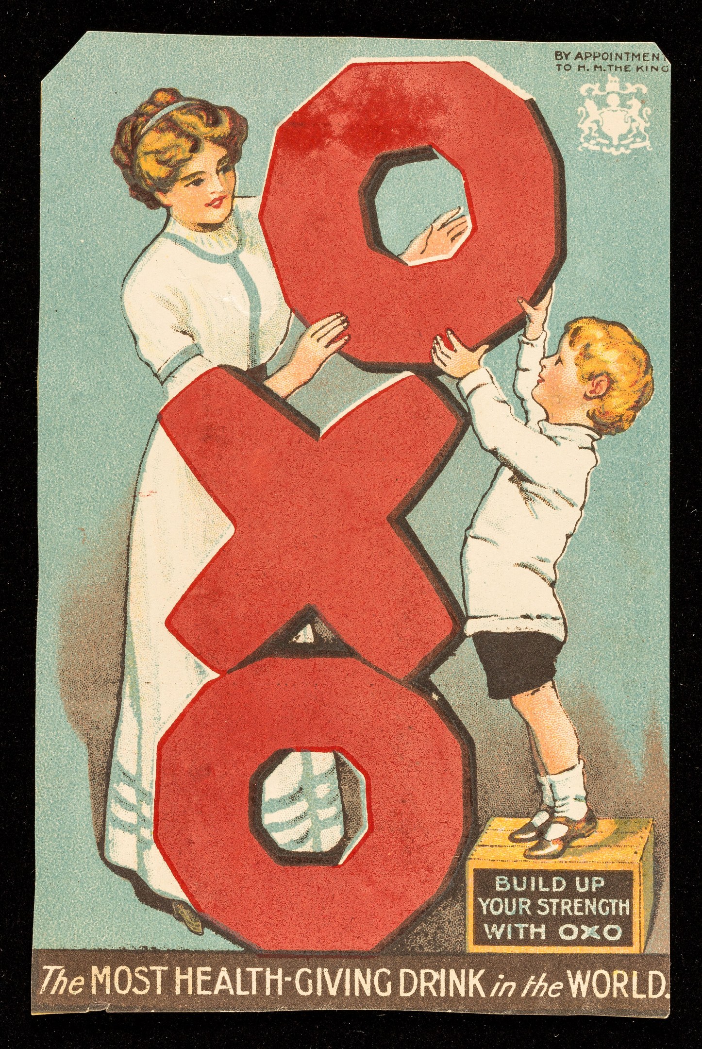 Ein Plakat, das eine Frau und einen Jungen zeigt, die nebeneinander stehen und jeweils eine große Zahl halten, mit dem Text "Das gesündeste Getränk der Welt" und hellen, fröhlichen Farben.