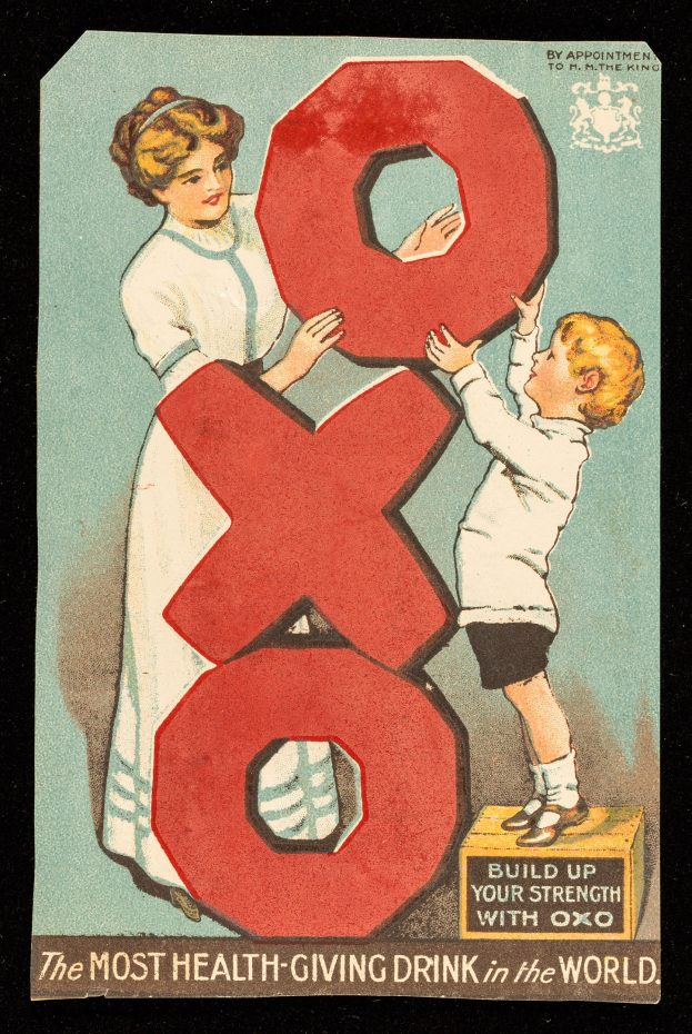 Ein Plakat, das eine Frau und einen Jungen zeigt, die nebeneinander stehen und jeweils eine große Zahl halten, mit dem Text "Das gesündeste Getränk der Welt" und hellen, fröhlichen Farben.