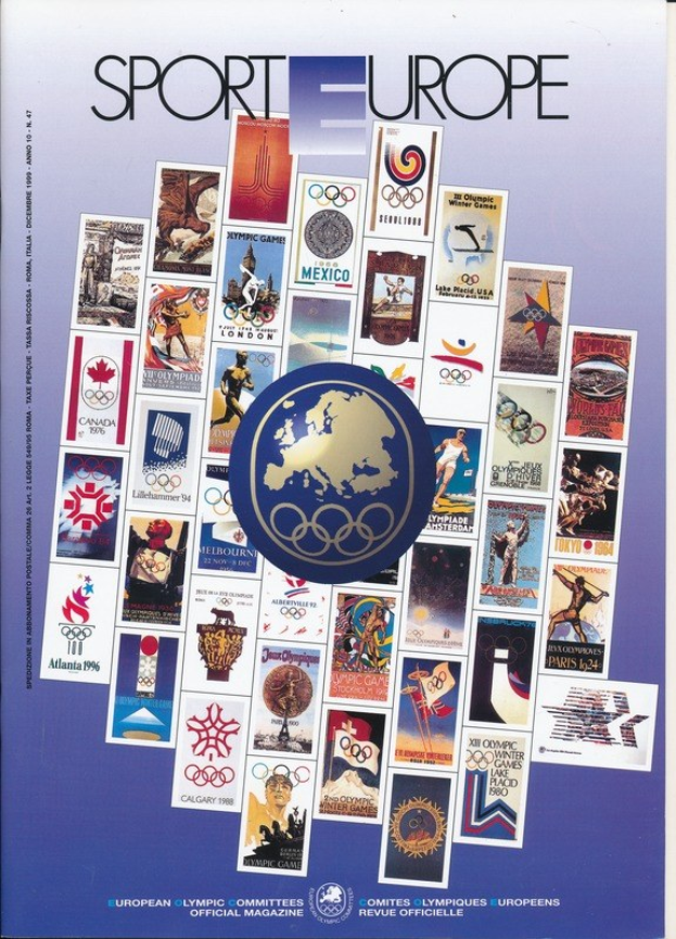 Ein Buchumschlag mit dem Titel "Sport in Europa", der farbenfrohe Bilder und Texte zu den Olympischen Spielen in Europa zeigt, mit fetter weißer Schrift auf einem bunten, detailreichen Design.