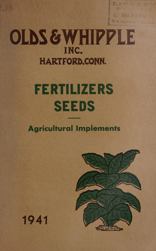 Alter Buchumschlag mit der Aufschrift "Düngemittel Samen Landwirtschaftliche Geräte 1941" mit einer Abbildung einer grünen Pflanze mit Blättern und Stielen.