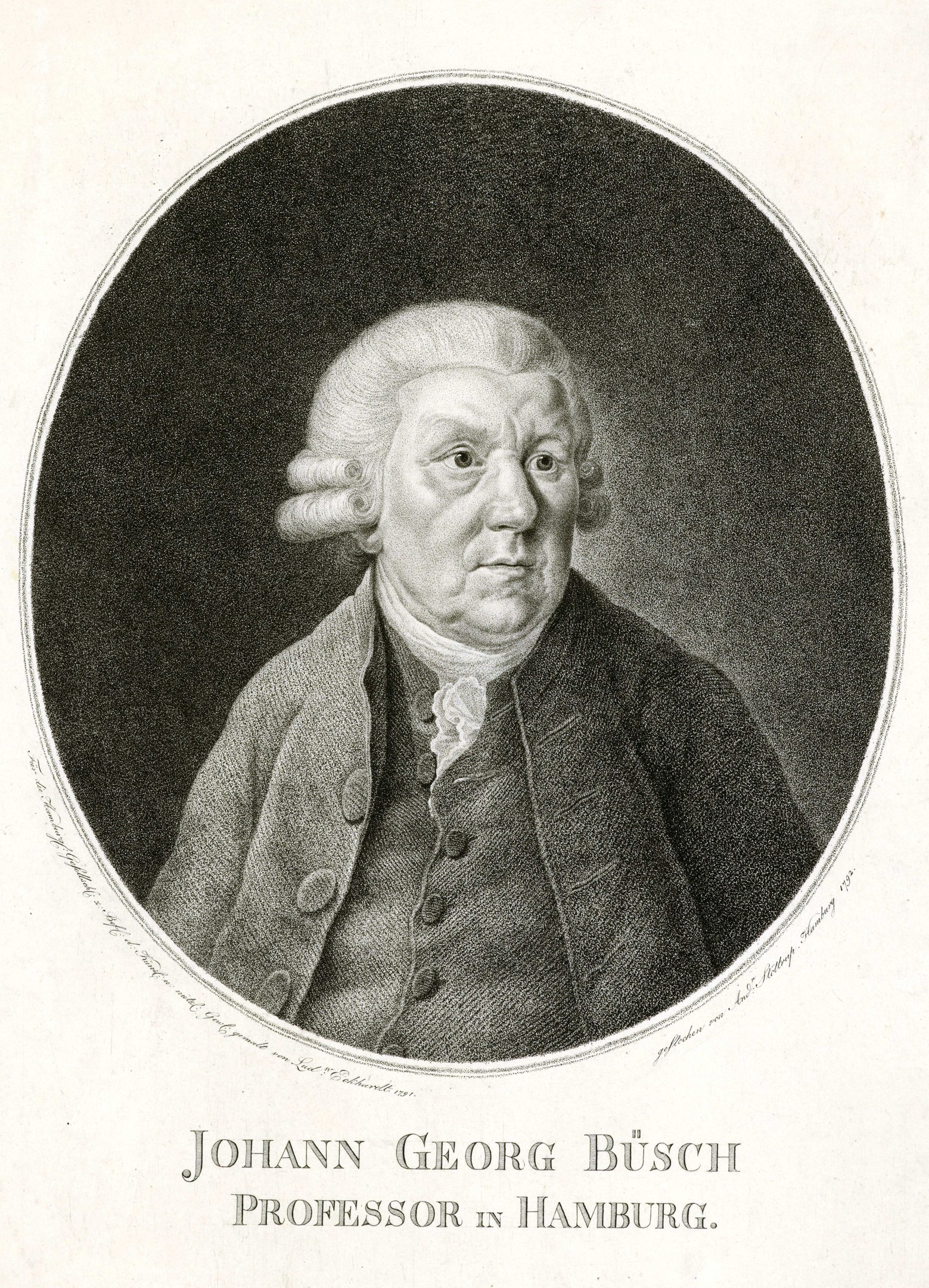 Schwarzes und weißes Porträt von Johann Georg Busch, einem Professor in Hamburg, der einen Mantel trägt, mit Text unten.
