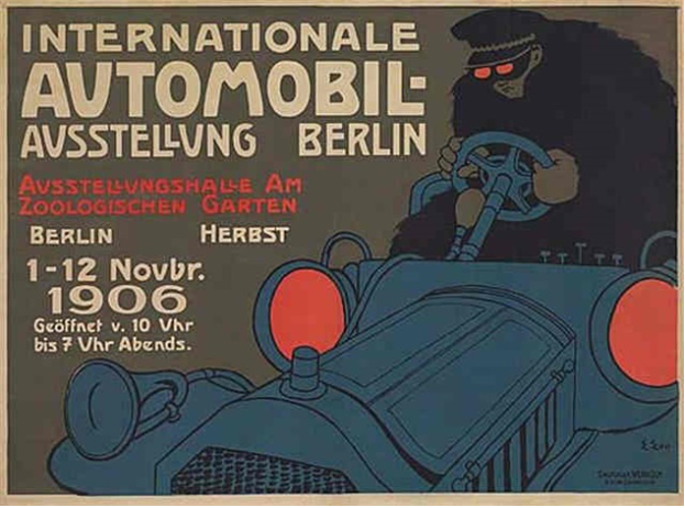 Ein Plakat, das eine internationale Automesse in Berlin ank├╝ndigt und eine Karikatur eines Menschen zeigt, der ein Auto f├╝hrt.