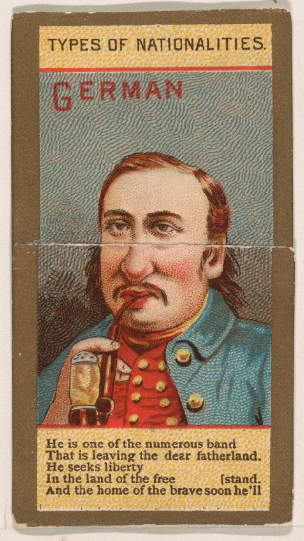 Plakat eines Mannes in deutscher Militäruniform mit einem Glas Bier in der Hand, mit der Aufschrift "Deutscher".