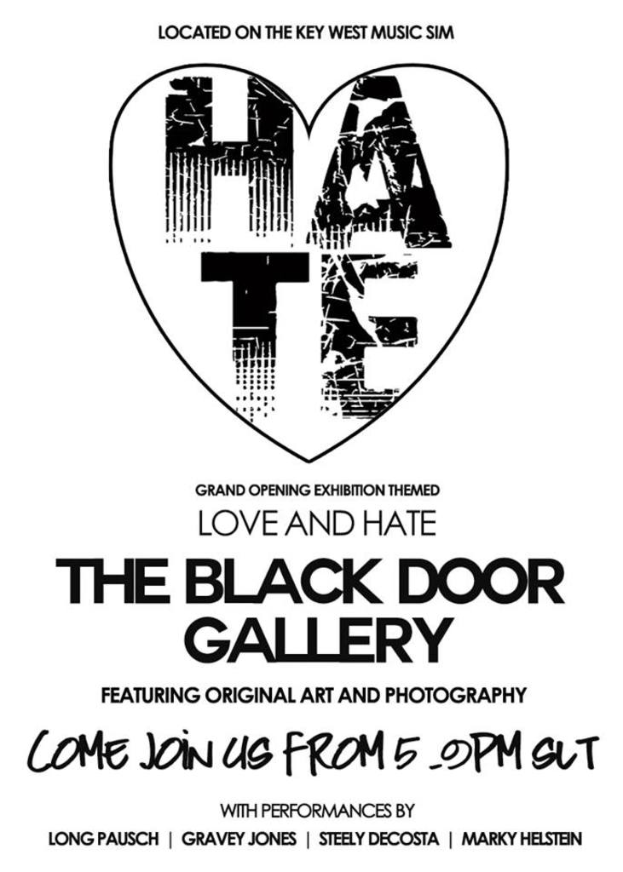 Ein weißes Plakat mit schwarzem Text und einem Herz in der Mitte mit dem Wort "HATE".