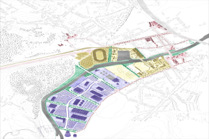 Vorgeschlagener Lageplan für die neue Stadt London auf einer farbcodierten Stadtkarte mit Text oben und unten.