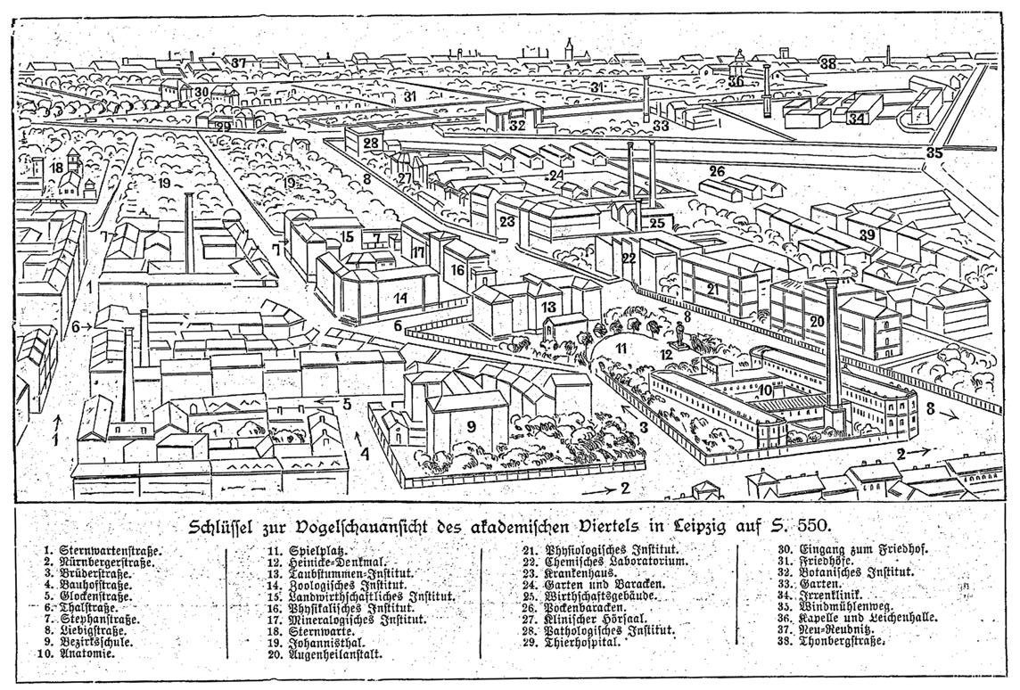 Schwarz-weißes Architekturzeichnung von Berlin mit Gebäuden, Bäumen und Pfählen, beschriftet mit "Künstler's plan of Berlin" unten.