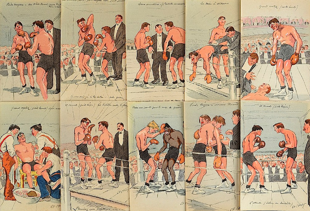 Ein Buchumschlag, der einen Boxkampf in einem Ring mit mehreren Kämpfern in Handschuhen zeigt, die sich gegenseitig Schläge versetzen, umgeben von einer Menge.