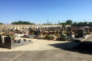 Ein Friedhof mit zahlreichen Grabsteinen und Blumen, eine Wand im Hintergrund, Strommasten mit Drähten, Bäume und ein bewölkter Himmel.