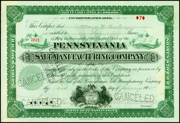 Ein Aktienzertifikat der Pennsylvania Salt Manufacturing Company mit einem grünen Rand und gedrucktem Text.