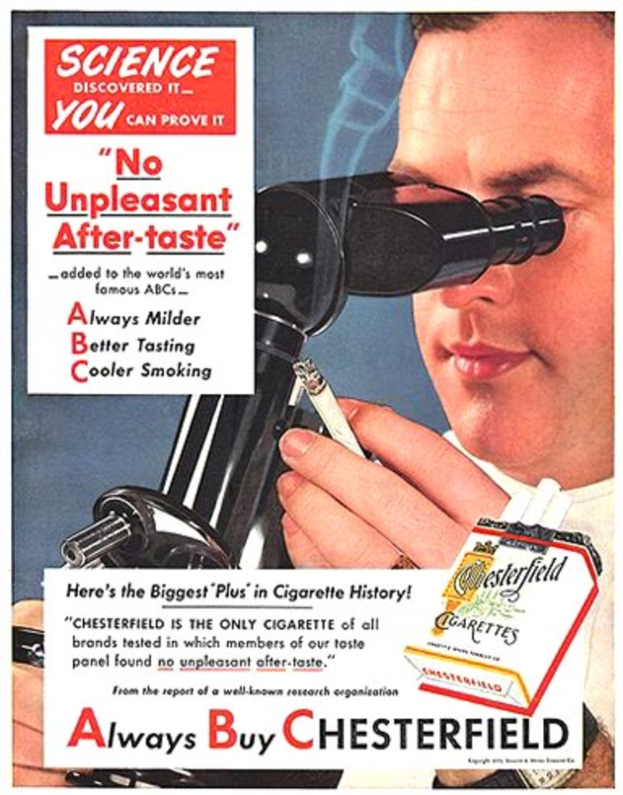 Ein Mann hält eine Zigarette und ein Mikroskop mit Text auf dem Plakat.