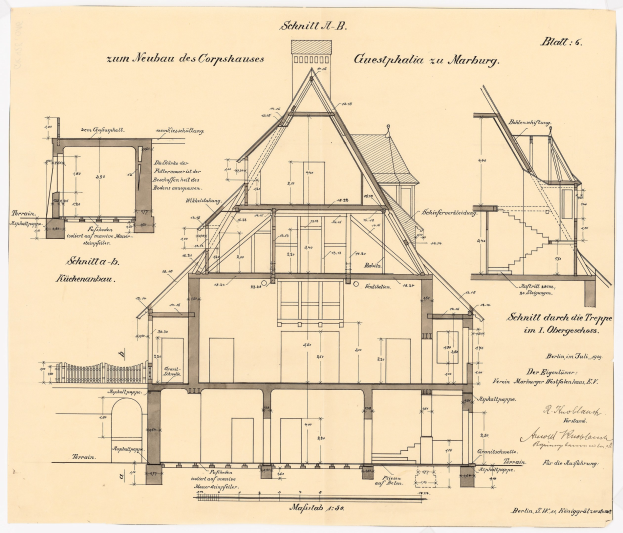Ein detailliertes architektonisches Zeichnung eines Hauses mit zahlreichen Fenstern und einem Dach, das als erstes Haus in Deutschland gilt, begleitet von Text und Strukturplänen auf Papier.