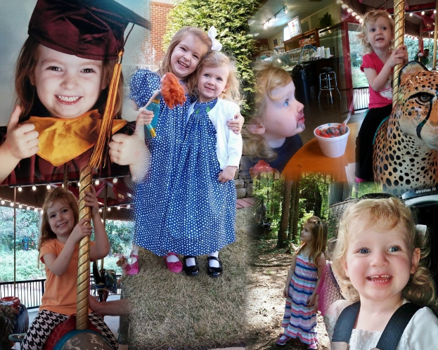 Eine Collage mit Vergnügungsparkfahrten, einem Tisch mit Essensartikeln einschließlich eines Bechers und Löffels, verschiedenen Gegenständen, Lichtern, einer Wand, Büschen, Bäumen, Gras, einem Seil und einem Hut.