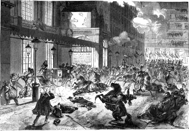 Schwarze und weiße chaotische Stadtstraßenszene mit berittenen Reitern im Vordergrund, Kutsche im Hintergrund, Gebäuden, Straßenlaternen, Rauch und Text unten.