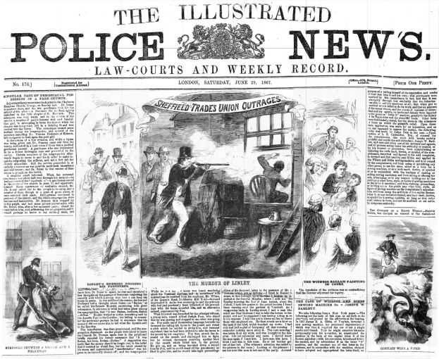 Titelseite der illustrierten Polizeizeitung von 1867, die eine Schwarz-Weiß-Illustration einer Gruppe von Menschen in der Mitte zeigt, mit dem Text "Polizeizeitung" und einem Logo oben.