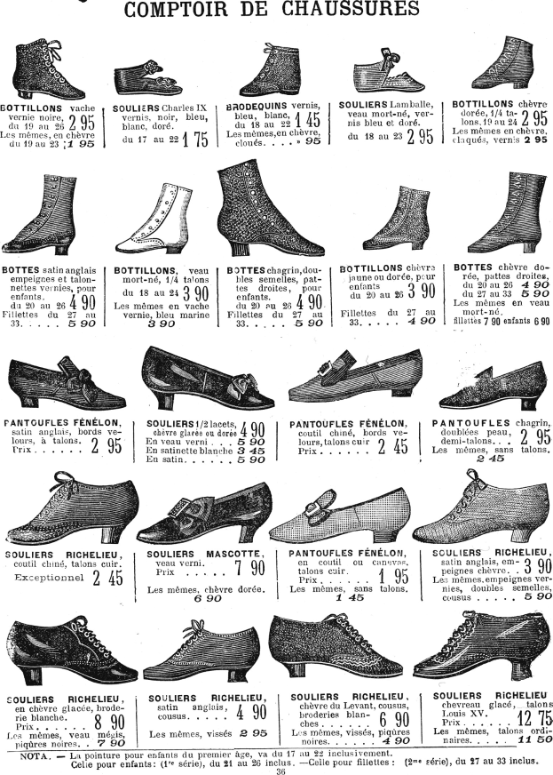 Eine Buchseite, die verschiedene Frauen Schuhe mit einzigartigen Designs zeigt, jedes mit detaillierten Informationen wie Größe, Form, Farbe und Preisschild versehen, ordentlich angeordnet.