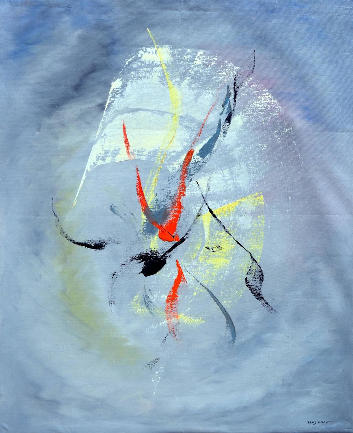 Abstrakte Malerei mit Acryl auf Leinwand mit blauem Hintergrund, roten und gelben Akzenten und grauen Tönen.