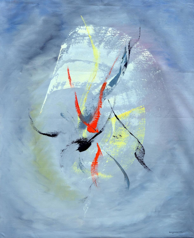 Abstrakte Malerei mit Acryl auf Leinwand mit blauem Hintergrund, roten und gelben Akzenten und grauen Tönen.