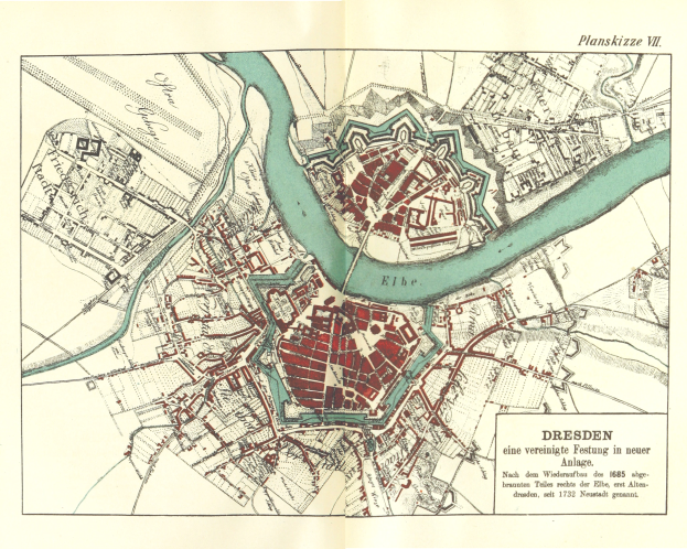 Ein detaillierter alter Stadtplan von Dresden, Deutschland, der Straßen, Gebäude und einen Fluss zeigt, mit Texten, die Informationen über die Bevölkerung, Sehenswürdigkeiten und Straßen liefern.