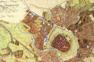 Ein detaillierter alter Stadtplan von Hamburg, Deutschland, mit Straßen, Gebäuden und Sehenswürdigkeiten sowie einer blauen Linie und Text zu Bevölkerung und bekannten Orten.