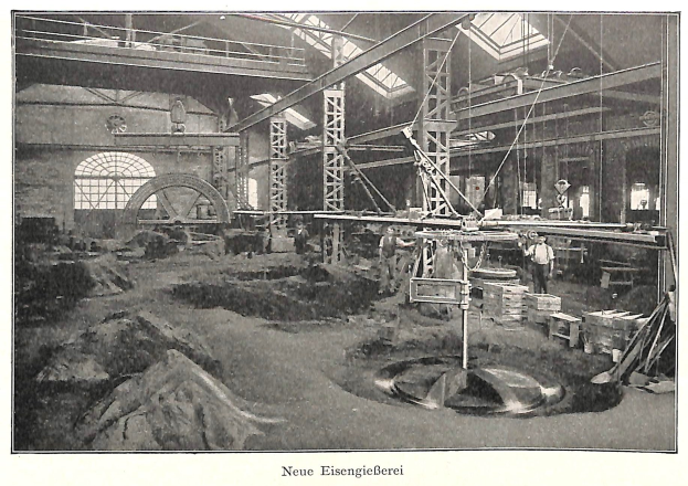 Schwarzes und weißes Foto einer deutschen Fabrik aus dem 19. Jahrhundert mit Arbeitern, die an einer Maschine arbeiten, umgeben von Metallstangen und -pfählen, beschriftet mit 'Neue Eisenglebeerei, die erste Fabrik in Deutschland'.