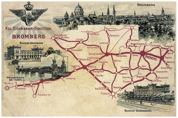 Ein detailliertes Plakat mit einer Karte von Bromberg, Deutschland, das Straßen, Gebäude, Bäume, eine Brücke und historischen und kulturellen Text enthält.