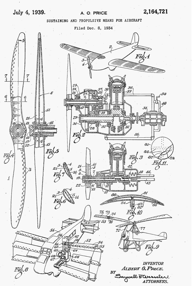 Schwarze und weiße Linienzeichnung eines Propellerflugzeugs mit mehreren Propellern, beschriftet mit "U.S. Patent 2164,721 - Sustaining and Propulsive Means for Aircraft" auf einem weißen Hintergrund.