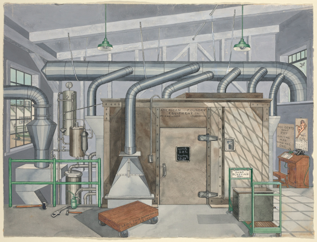 Ein detailliertes industrielles Zeichnung eines Fabrikinneren mit Maschinen, Rohren, Möbeln, Fenstern und einem Schild mit der Aufschrift "American Foundry Equipment Co, Indiana".