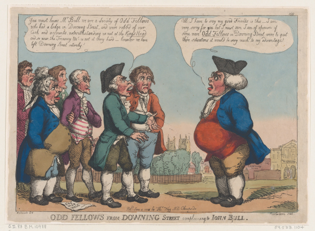 Cartoon mit einer Gruppe von Menschen vor einem Gebäude, Bäumen und Himmel mit Text 'odd fellows from downing street complaining to John Bull' unten.