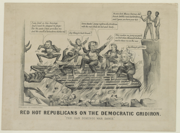 Ein Blatt mit einer Zeichnung von verzweifelten roten Republikanern auf einem demokratischen Gridiron, mit fetter schwarzer Schrift, die eine ernste Situation betont.