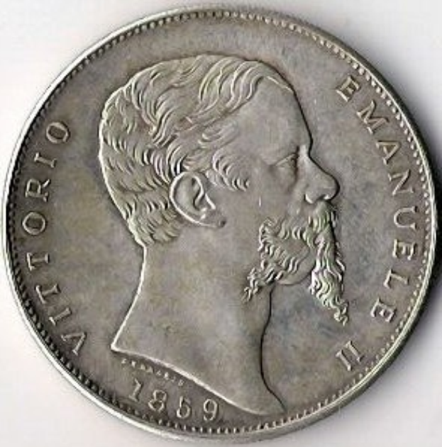 Eine Silbermunze aus Italien aus dem Jahr 1859 mit dem Kopf eines bartigen Mannes, auf dem der Text "Vittorio Emanuele II" zu sehen ist.