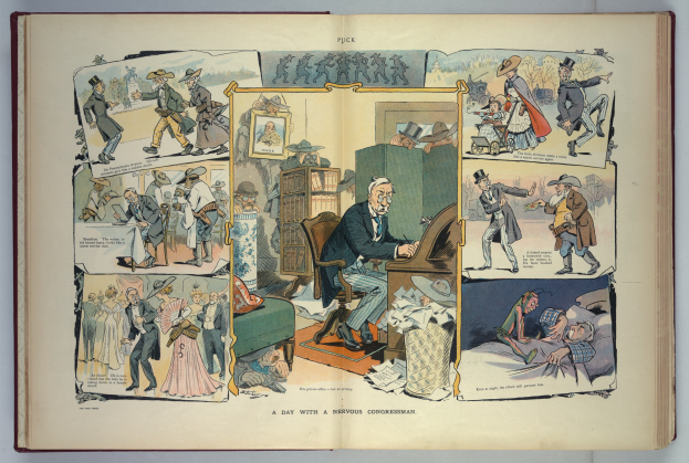 Ein aufgeschlagenes Buch mit einer bunten Cartoon-Zeichnung eines Mannes im Anzug und Krawatte, der Klavier spielt und von lachenden Menschen umgeben ist.