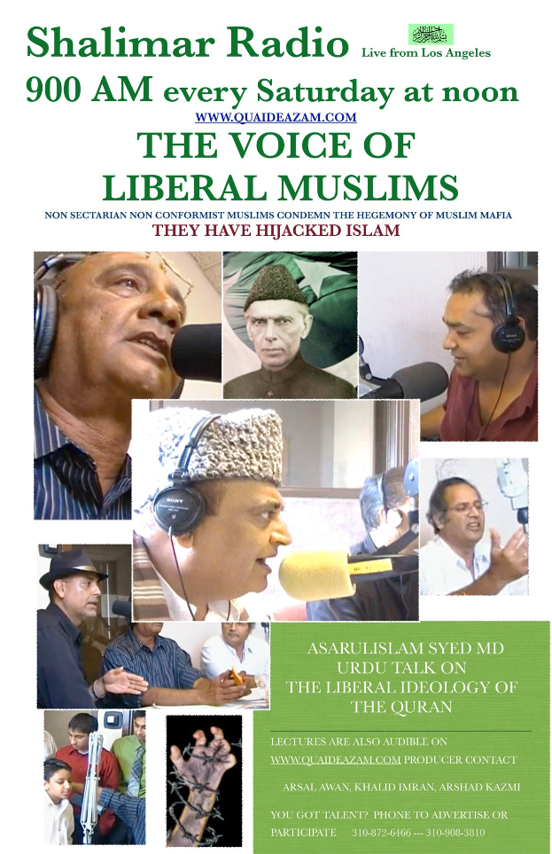 Plakat für den Radiosender "Die Stimme der liberalen Muslime" mit Abbildungen von Menschen mit Kopfhörern und Mikrofonen in einem Gespräch.