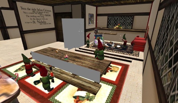 Eine animierte Abbildung, die Tische mit Spielzeugen, eine Wand mit Text, ein Fenster im Hintergrund, einen Stuhl auf der rechten Seite und eine Decke oben zeigt.