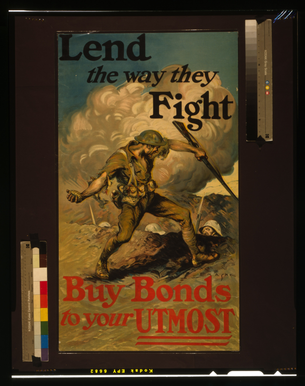 Ein Plakat mit einer Person in militärischer Uniform mit entschlossener Miene, umgeben von Text, der "Lend the Way They Fight, Buy Bonds to Your Utmost" lautet.
