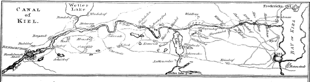 Eine detaillierte Schwarz-Weiß-Karte des Nord-Ostsee-Kanals, die Straßen, Flüsse und andere geografische Merkmale zeigt, mit Textinformationen zur Länge, Breite und Tiefe des Kanals.