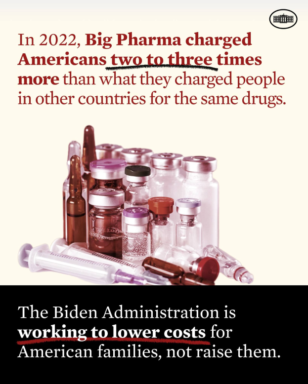 Ein Plakat, das zeigt, dass Big Pharma 2022 Amerikaner zwei bis drei Mal so viel für dieselben Medikamente berechnet hat wie in anderen Ländern, mit Bildern von Medikamentenflaschen und einer Spritze.