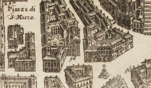 Eine handgezeichnete Stadtansicht mit mehreren Gebäuden in verschiedenen Architekturstilen, begleitet von handgeschriebenem Text auf demselben Blatt Papier.