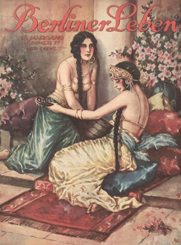 Plakat mit zwei Frauen auf einem Bett umgeben von Kissen und Topfpflanzen mit Blumen, mit dem Text "Berliner Leben Magazin-Cover aus Oktober 1931" oben.