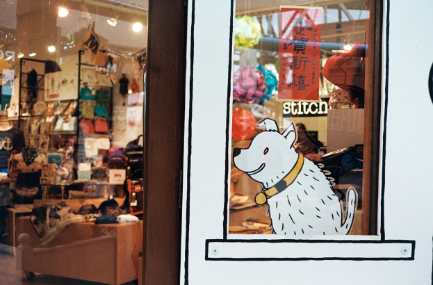 Eine künstlerische Darstellung eines Hundes mit begleitendem Text auf der rechten Seite und einem Raum auf der linken Seite, der mit verschiedenen Gegenständen wie Lampen, Fahnen, Regalen, Sofas, Kleidung, Dekorationen, Menschen und Stühlen gefüllt ist.