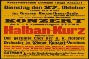 Ein gelbes Plakat für ein Konzert in Berlin, Deutschland, mit der Aufschrift "Konzert Halban-Kurz".