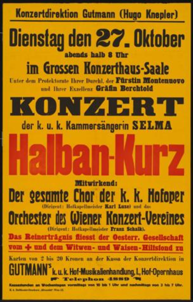 Ein gelbes Plakat für ein Konzert in Berlin, Deutschland, mit der Aufschrift "Konzert Halban-Kurz".