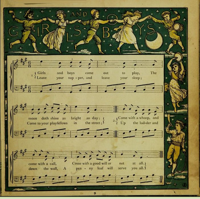 Eine Zeitung zeigt ein Bild einer Gruppe strahlender Kinder, die in bunten Kleidern tanzen, neben einem Notenblatt mit der Aufschrift 'Jungen und Mädchen'