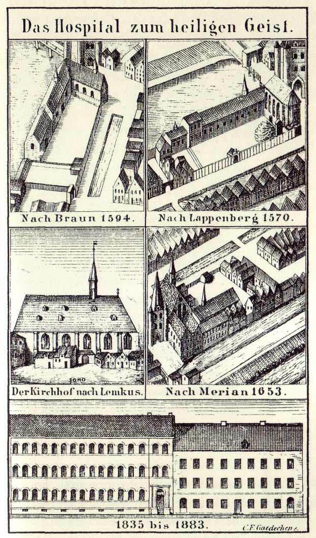Eine detaillierte Plakatillustration eines deutschen Krankenhauses mit mehreren Gebäuden, Fenstern, Türen und Balkonen, begleitet von Text, der seine Größe, Lage und Merkmale beschreibt.