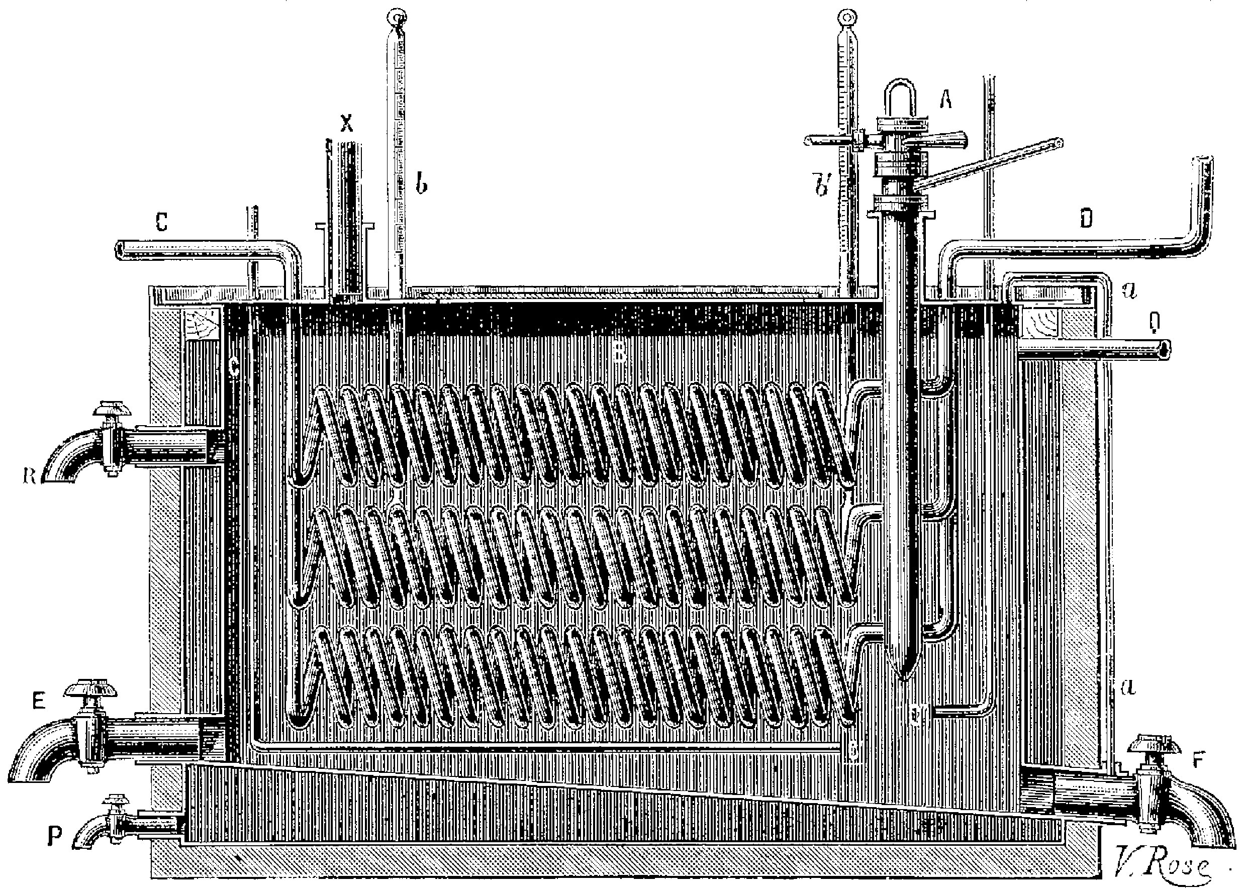 Schwarz-weiß-technische Zeichnung eines zylindrischen Wärmetauschers mit Rohren und Schläuchen, beschriftet mit "Wärmetauscher".