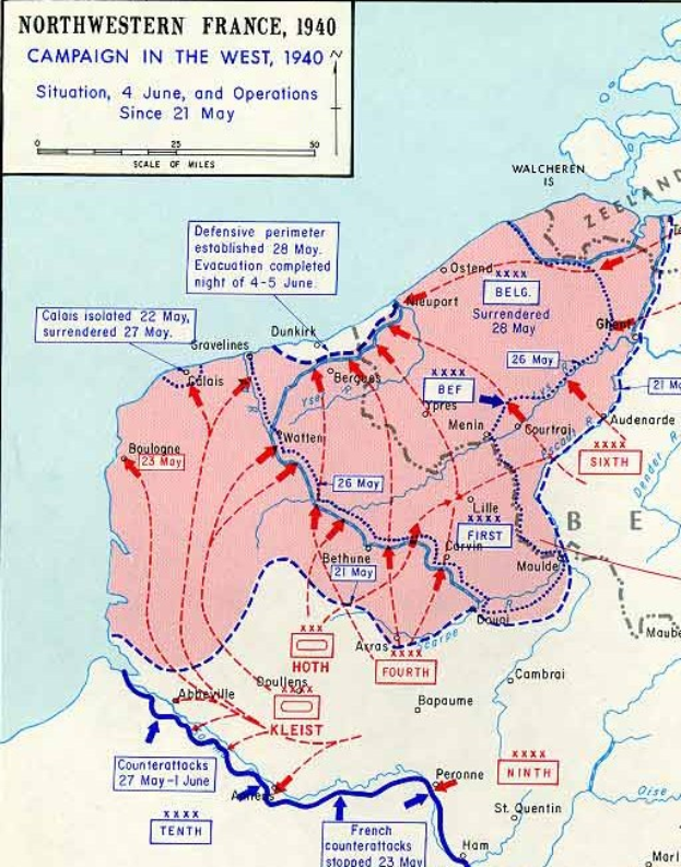 Ein Plakat, das eine detaillierte Karte von Nordfrankreich aus dem 1940er Westfeldzug zeigt, mit Text und numerischen Daten annotiert.