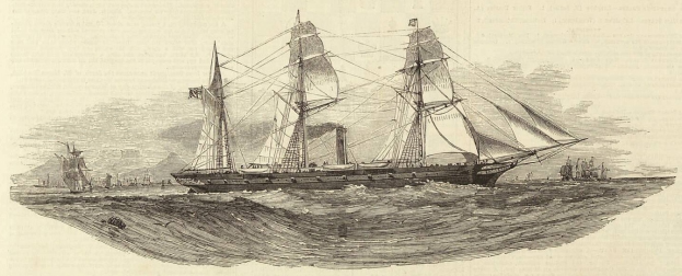 Eine Gravur eines Segelschiffs, das auf dem Meer segelt, mit detaillierten Segeln und glänzendem Rumpf, sowie anderen Schiffen im Hintergrund, mit Text unten.