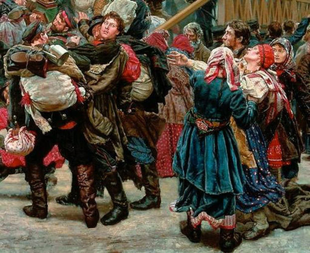 Gem├Ąlde, das eine Gruppe von Menschen zeigt, die vor einem Publikum tanzen, einige halten Gegenst├Ąnde, mit einem h├Âlzernen Haus im Hintergrund, das w├Ąhrend der russischen Revolution spielt und traditionelle russische Kleidung zeigt.