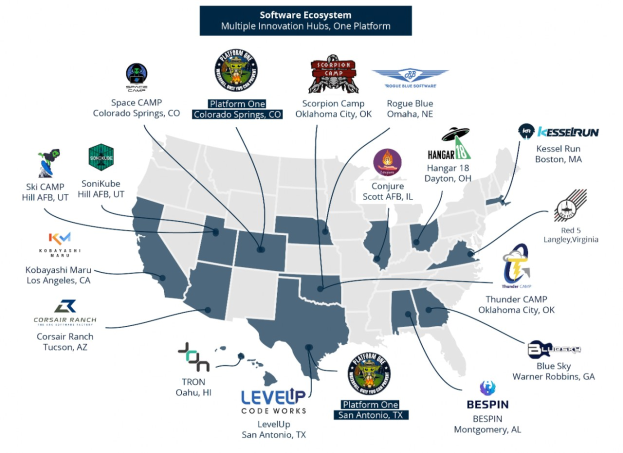 Karte der Vereinigten Staaten, die die Standorte von Softwareunternehmen mit Logos und beschreibendem Text zeigt.